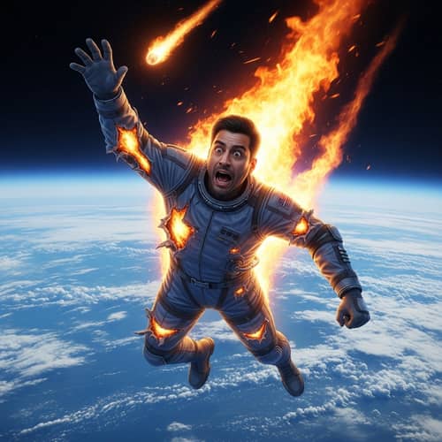 Dramatic Spacefall: Hispanic Man in Damaged Spacesuit Falling