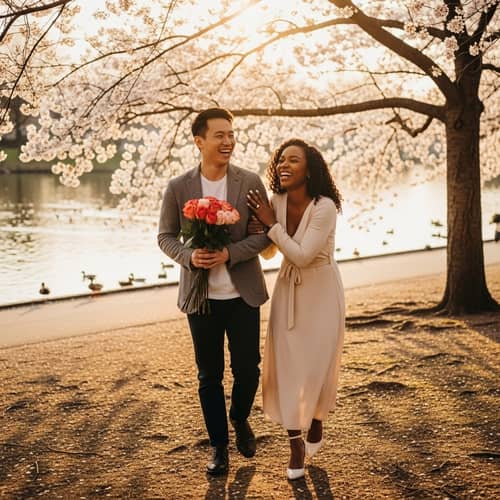 Romantic Couple Stroll in Cherry Blossom Park at Sunset