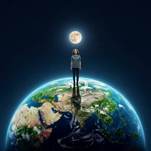 Portrait of Caucasian Individual on Earth with Moon in Starry Sky