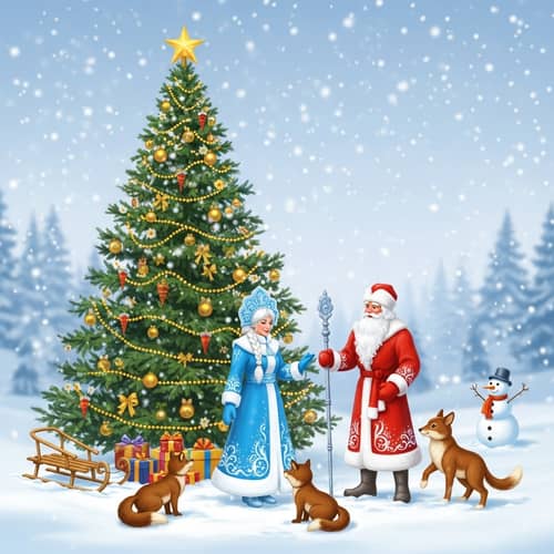 Festive Christmas Tree in Snowy Landscape with Snow Maiden and Father Frost
