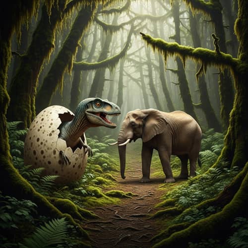 Curious Baby Dinosaur 'Eating' Elephant in Forest