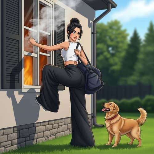 Young Woman Climbing Through Window with Golden Retriever