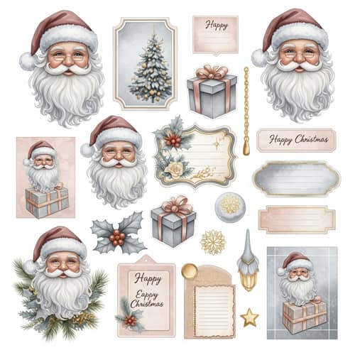 Hyperrealistic Christmas Elements in Soft Pastel Colors - Santa Claus, Stickers & Scrapbook