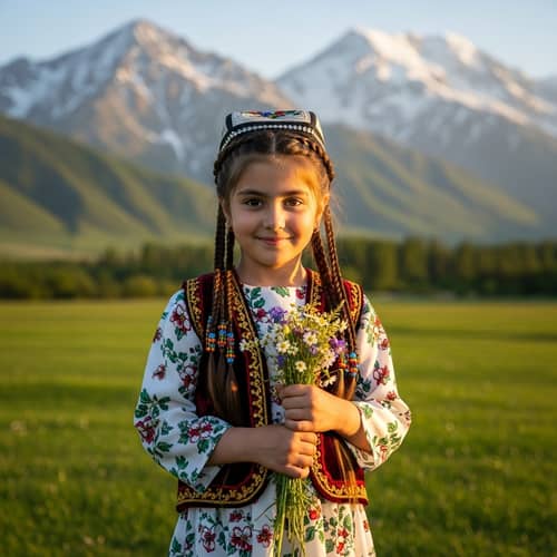 Tajik Girl in Traditional Clothing | Beautiful Mountain Landscape