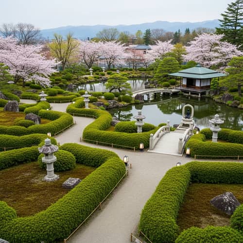 Tranquil Japanese Garden in Aomori: Walking Paths, Tea House, Cherry Blossoms