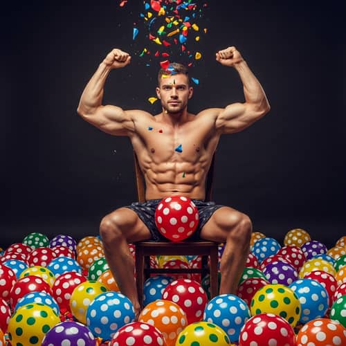 Muscular Man Sitting on Colorful Balloons | Playful Strength Image