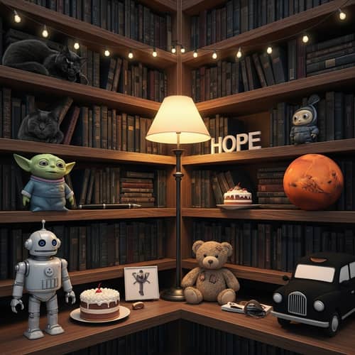Enchanting Library Corner with Magical Creatures and Objects