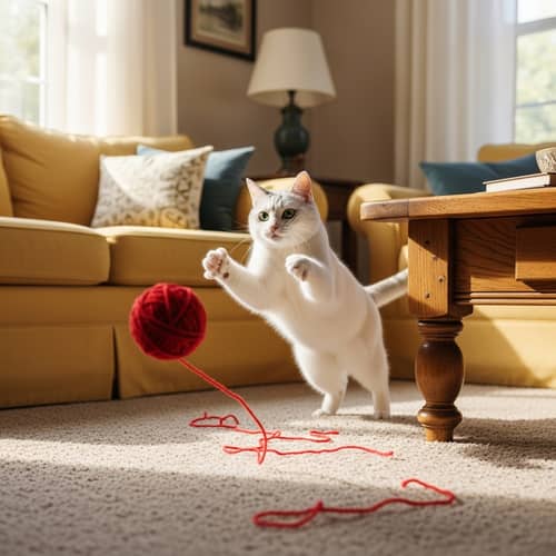 Playful Cat with White Fur and Green Eyes in Cozy Living Room