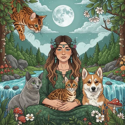 Golden Bengal Cat Observing Shamanic Woman with Animals in Enchanted Landscape