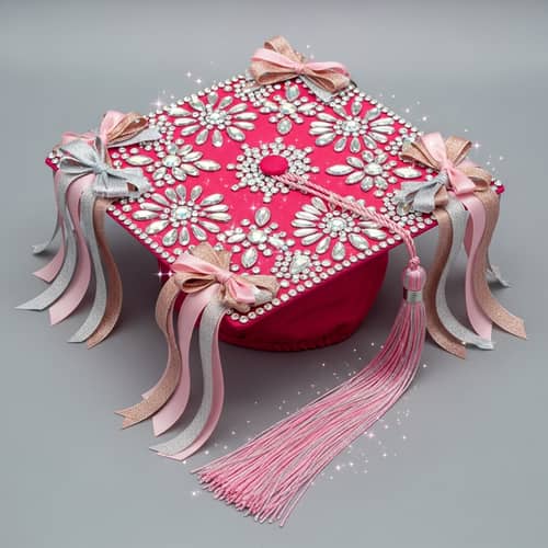 Bright Pink Princess Graduation Cap with Rhinestones and Tassel