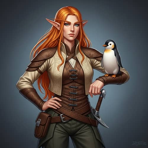 Serious Elf Woman with Orange Hair and Penguin