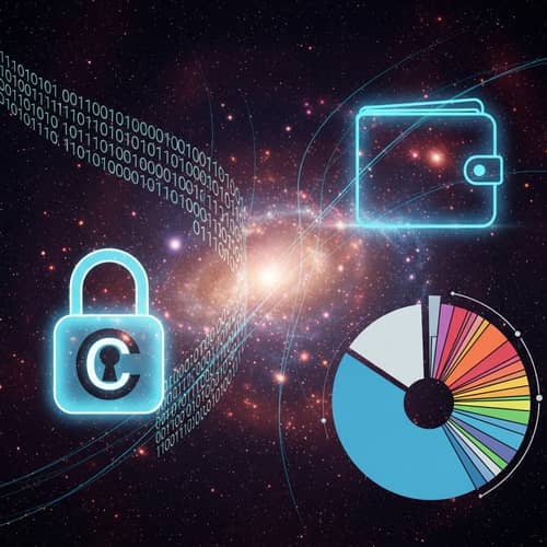 Abstract Cryptocurrency Artwork: Binary Code, Digital Padlock, Wallet, Market Chart