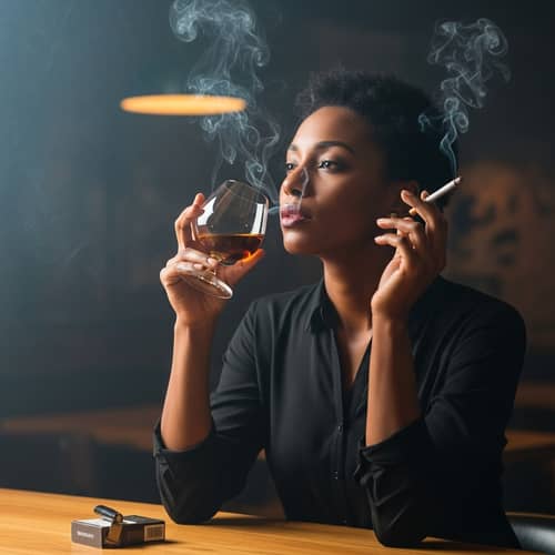 Elegant African Woman Enjoying Brandy and Cigarette at Dimly Lit Bar