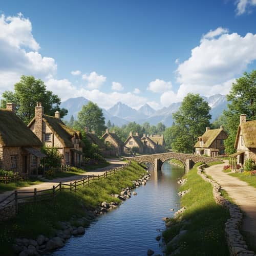 Quaint Village & Majestic Mountains | Serene Countryside Scene
