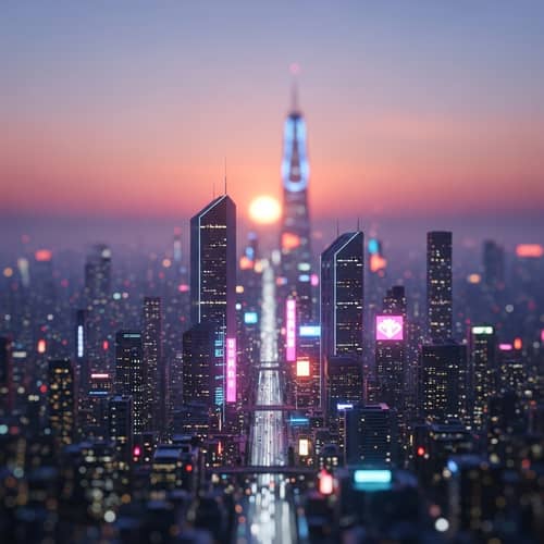 Surreal City Skyline at Dusk: Miniature Urban Landscape
