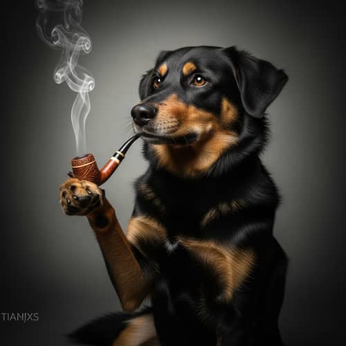Expressive Black Dog Holding a Wooden Pipe | Unique Image