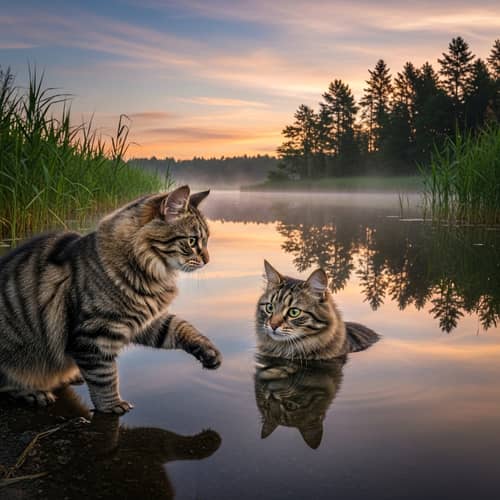 Cat by the Lake - Staring at Reflection