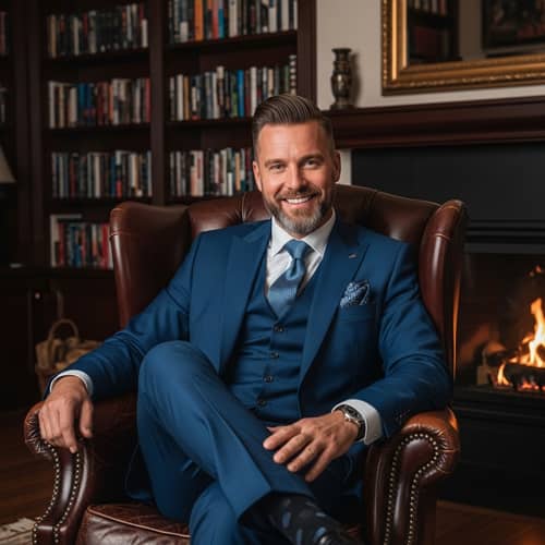 Elegant Mid-40s Wealthy Caucasian Man in Designer Suit | Opulent Home Library