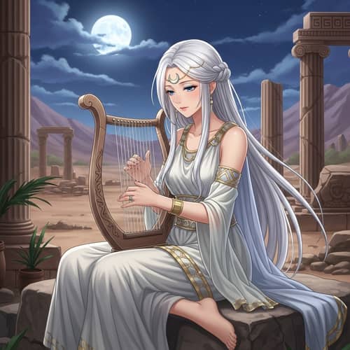 Anime Style White-Haired Woman Playing Harp in Ancient Ruins