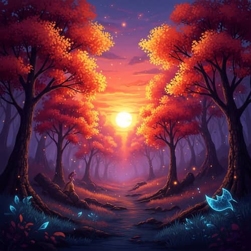 Mystical Forest Scene at Sunset: Vibrant Colors & Dreamlike Atmosphere
