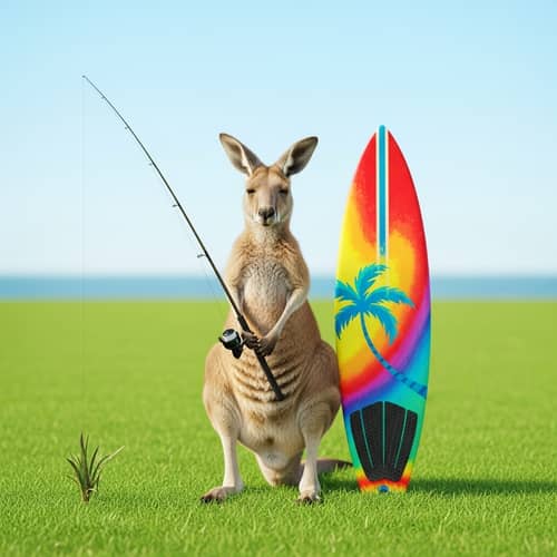 Kangaroo with Fishing Rod and Surfboard | Coastal Adventure