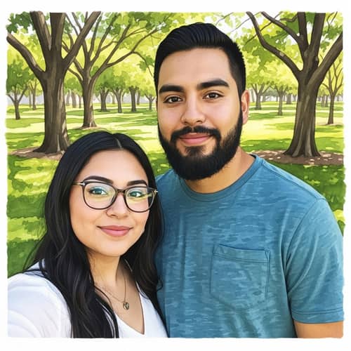 Young Hispanic Couple Watercolor Painting - Park Affection Scene