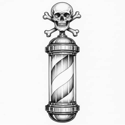 Realistic Pencil Drawing of Antique Barber Pole with Skull and Crossbones