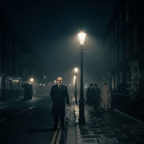 Mysterious 1950s London Street Featuring Bearded Man in Stylish Sunglasses