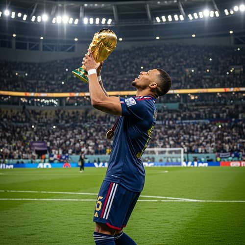 Celebratory Male Soccer Player with World Cup Trophy 2022