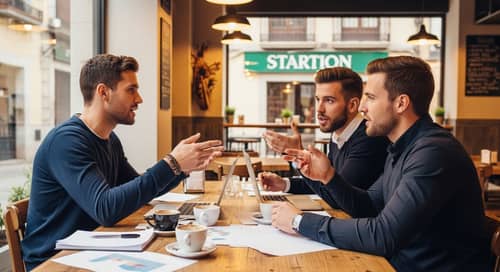 European Founders in Café Discussing Start-Up Project in Spain