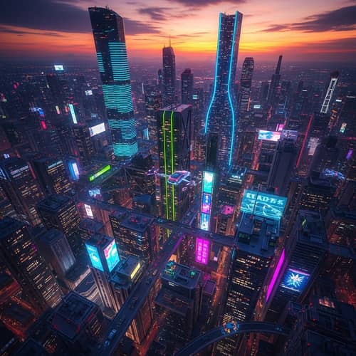 Glowing Cyberpunk Cityscape at Sunset - Vibrant Neon Lights