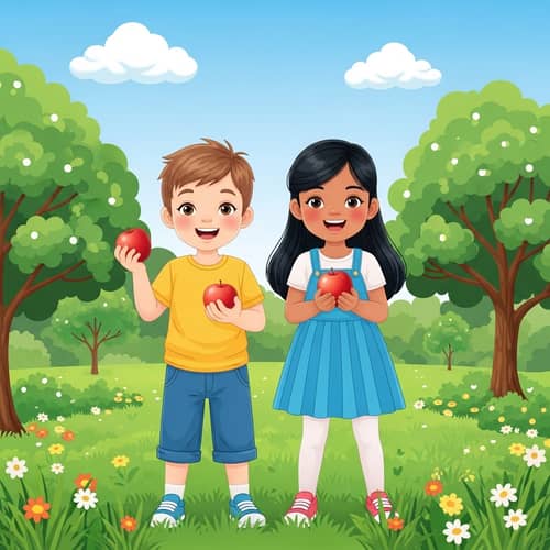 Colorful Outdoor Adventure with Apple-Holding Kids in a Lush Park
