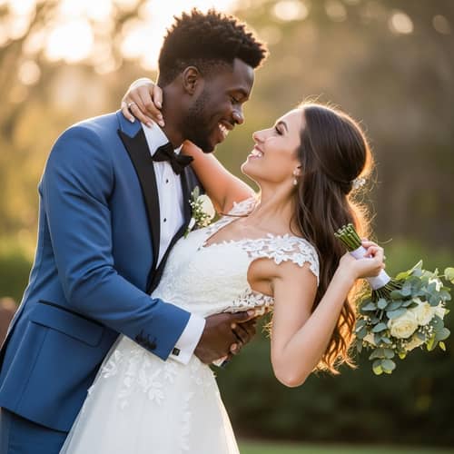 Romantic Black Man & Light-Skinned Woman Wedding Photo