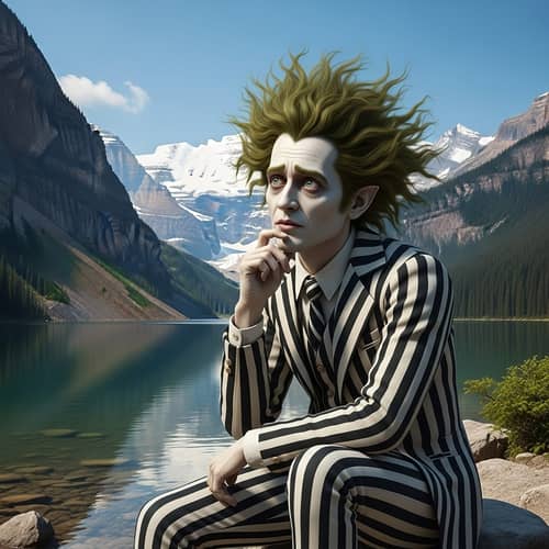 Beetlejuice Contemplating Life by the Lake | Mountain Landscape Scene