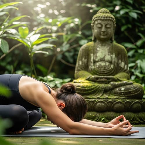 Tranquil Yoga Practice with Buddha Statue Outdoors