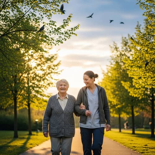 Elderly Person and Caregiver Enjoying a Walk | Tranquil Nature Scene
