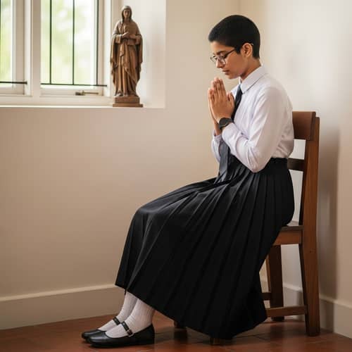 Young Catholic Postulant in Prayer with Short Hair and Glasses