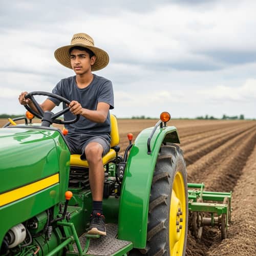 South Asian Boy Driving Agriculture Tractor in Field