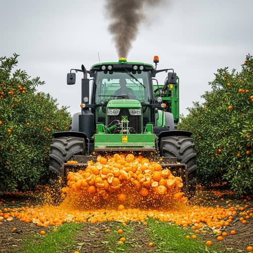 Dramatic Scene: Mechanical Tractor Crushing Tangerines