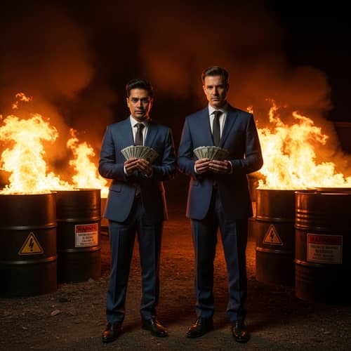 Dark Ambiance: Men in Classic Suits Holding Money Amid Burning Toxic Waste