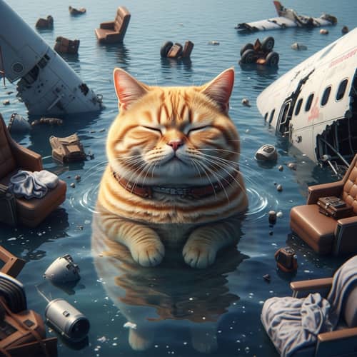 Realistic Cartoonish Orange Cat in Plane Crash Scene