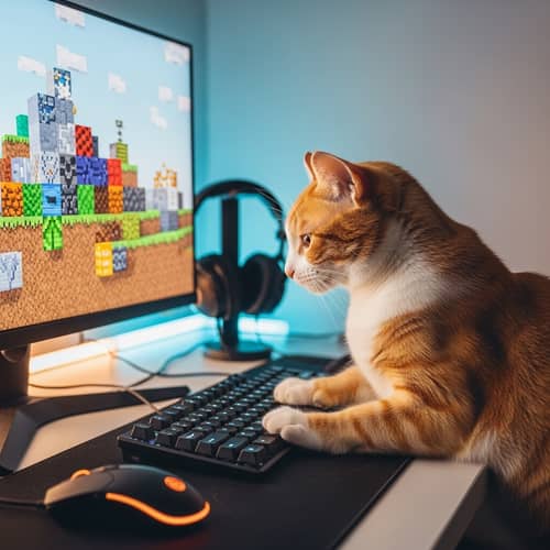Colorful Cat Playing Minecraft on Computer Screen