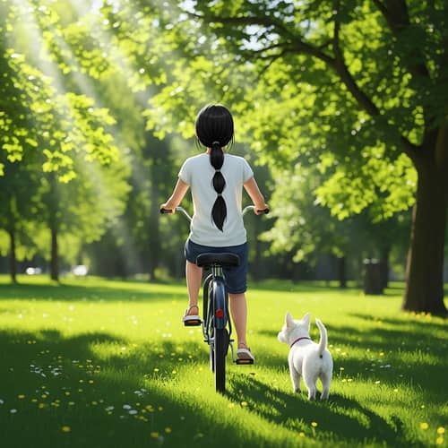 Black-Haired Girl Riding Bicycle with White Puppy in Vibrant Green Park