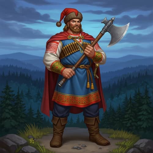 Russian Folklore Hero: Mighty Bogatyr with Double-Headed Ax