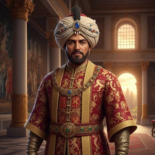 Historical Figure in 15th-Century Royal Attire | Lavishly Decorated Turban & Robe