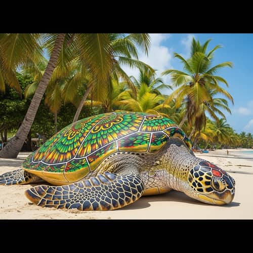 Colossal Sea Turtle on Tropical Beach | Vibrant Jamaican Aesthetic
