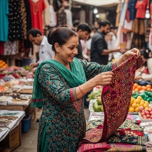 Vibrant South Asian Woman Shopping in Outdoor Market