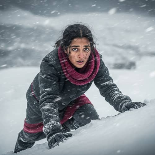 Intense Climb in Snowy Mountains: Survival Struggle in Baroque Style