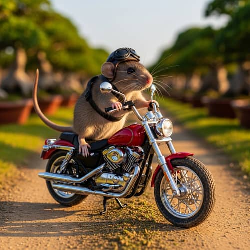 Adventurous Brown Rat on Miniature Motorcycle