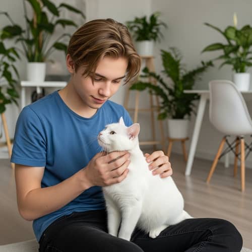 Caucasian Teen Boy with Smooth Blonde Hair Interacting with White Cat indoors